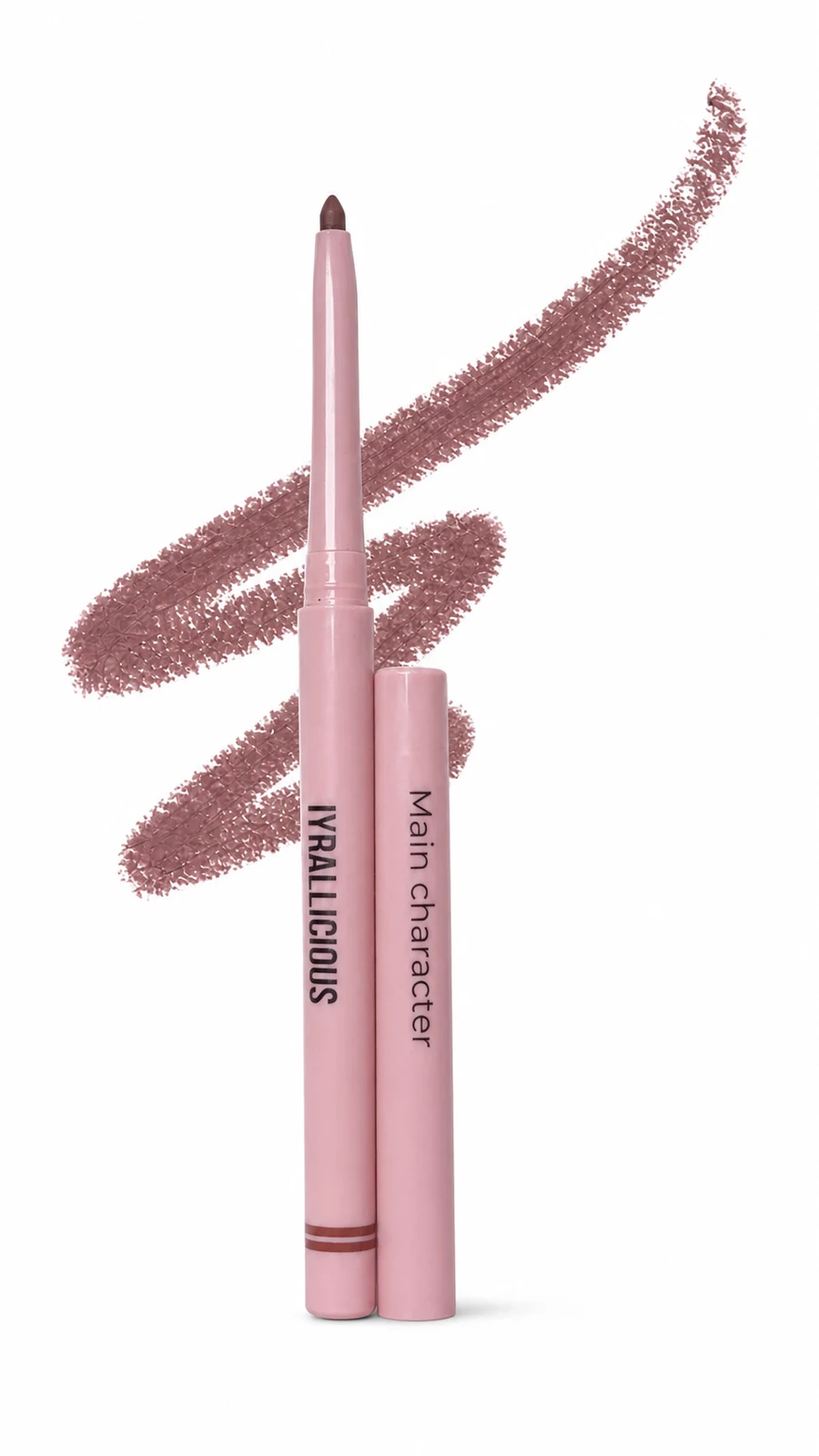 Iyrallicious Main Character warm-brown lip liner and cap with its shade gesture on white.