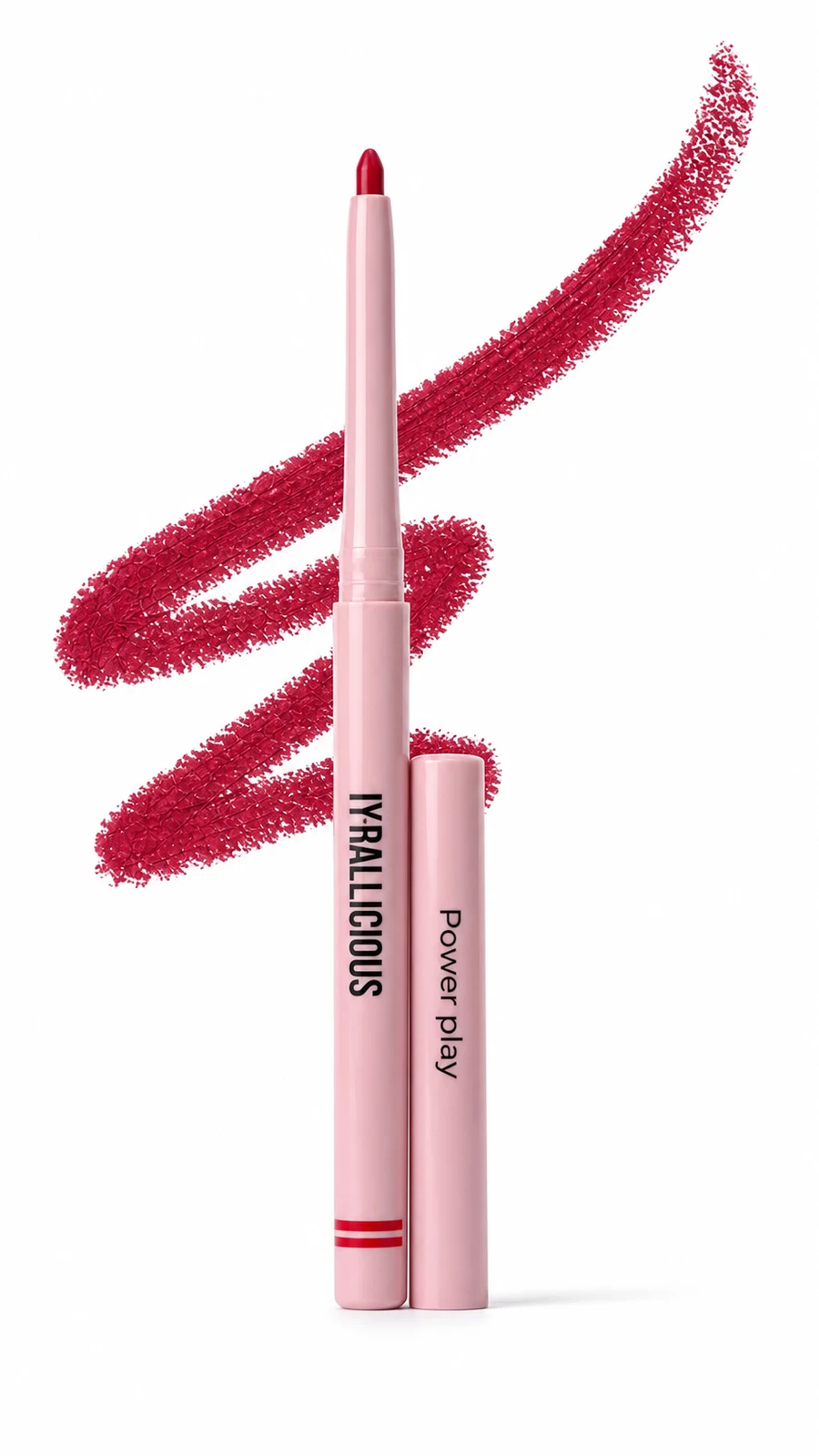 Iyrallicious Power Play neon-red lip liner and cap with its shade gesture on white.