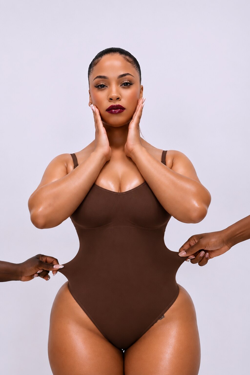 Front view of a model wearing the brown IYRA Shape foundation bodysuit.